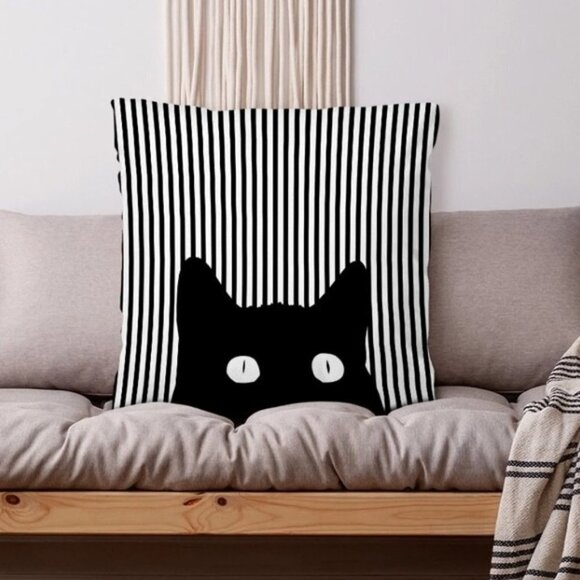 Cat Theme Pillow Cover Zippered Decorative Square Black White 17.7 in X 17.7 in - Picture 1 of 15
